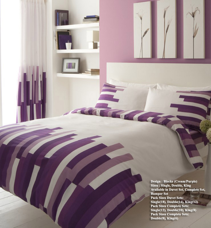 Blocks Printed Duvet Set White Purple