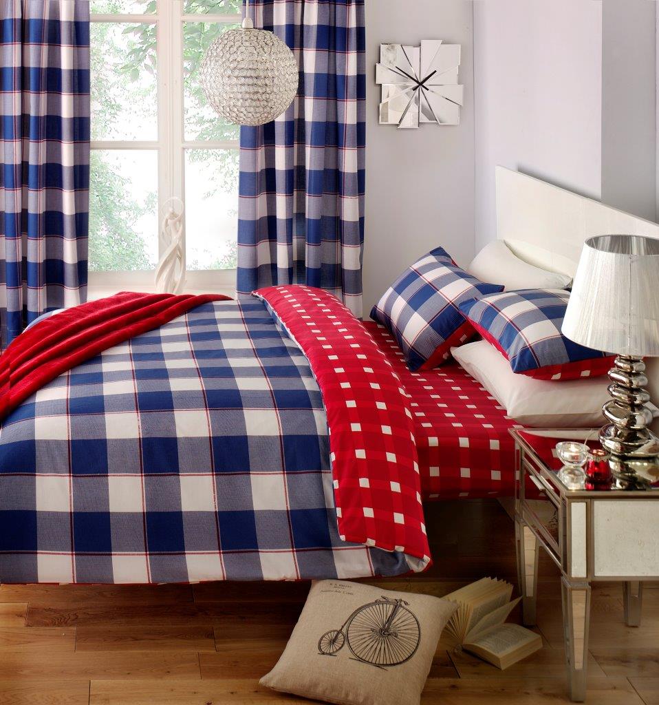 Gingham Printed Curtain Set Blue Red